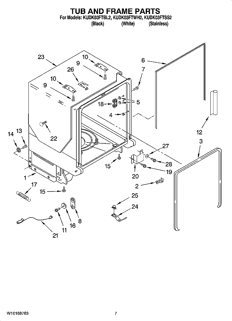 TUB AND FRAME PARTS Diagram and Parts List for KUDK03FTWH2  KitchenAid Dishwasher