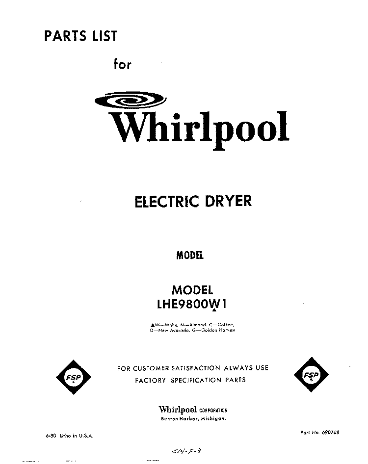 SECTION Diagram and Parts List for LHE9800W1  Whirlpool Dryer