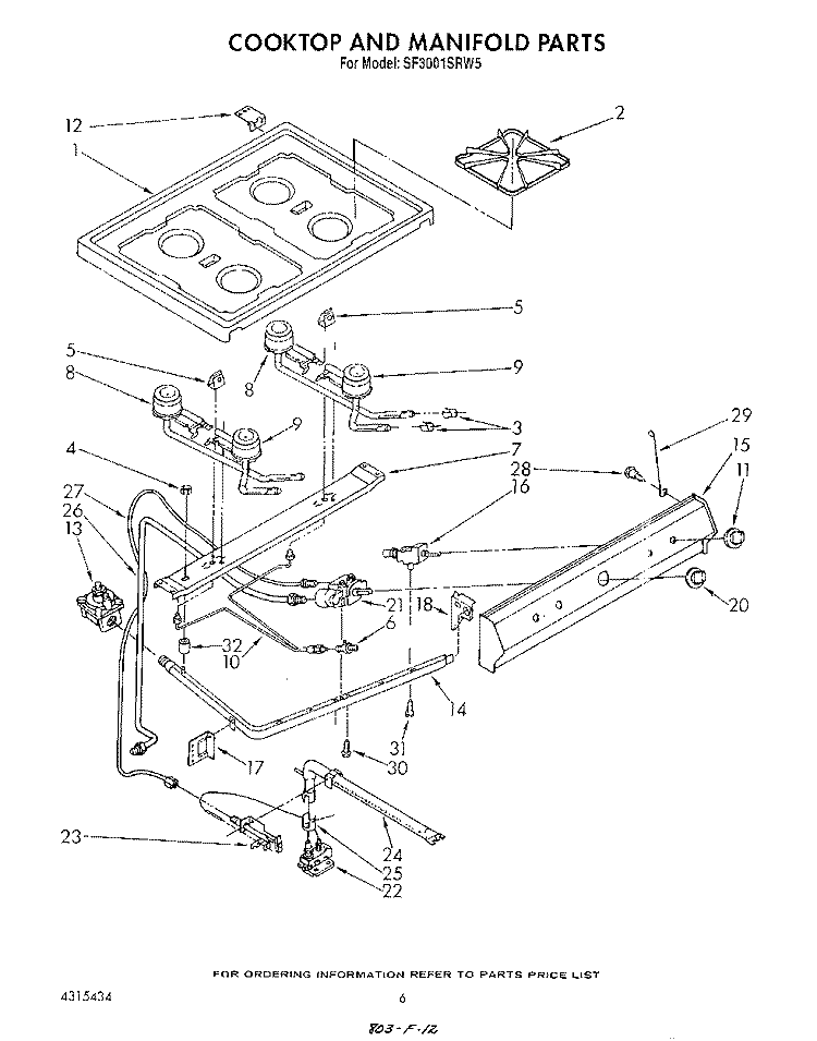 COOK TOP AND MANIFOLD , LITERATURE Diagram and Parts List for SF3001SRW5  Whirlpool Range