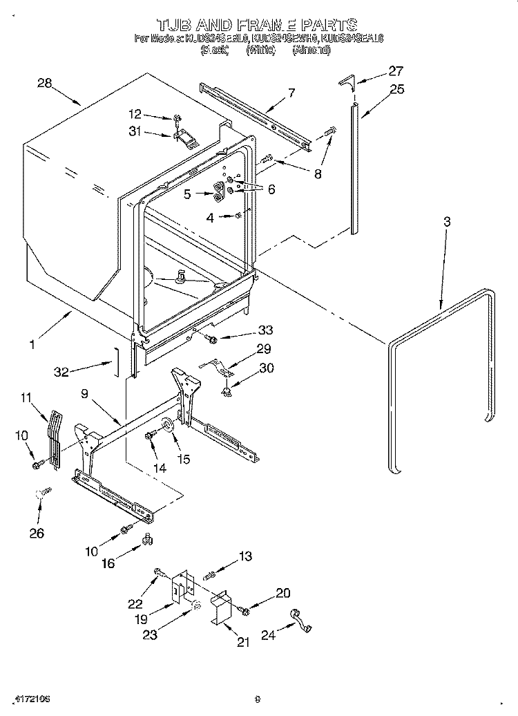 TUB AND FRAME Diagram and Parts List for KUDS24SEAL0  KitchenAid Dishwasher