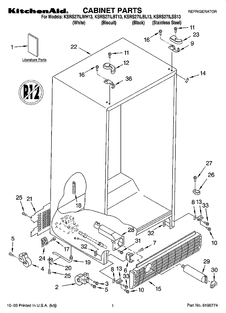 CABINET PARTS Diagram and Parts List for KSRS27ILSS13  KitchenAid Refrigerator