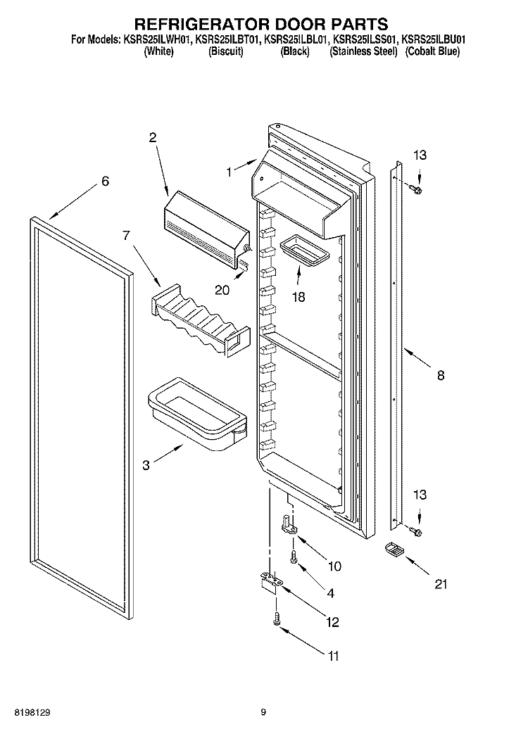 REFRIGERATOR DOOR Diagram and Parts List for KSRU25ILBT01  KitchenAid Refrigerator