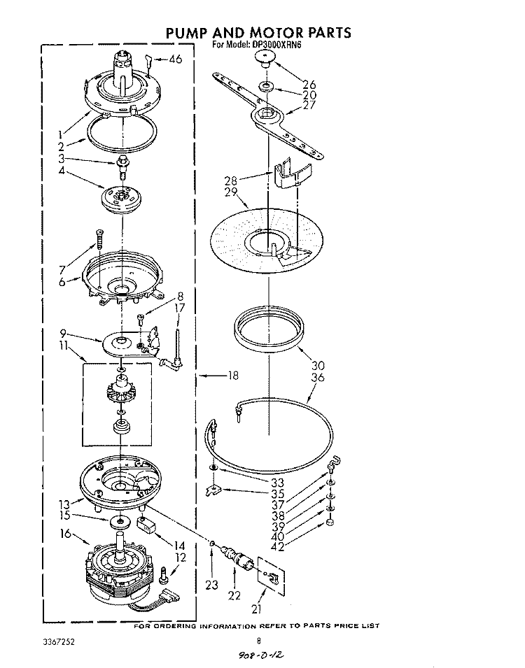 PUMP AND MOTOR Diagram and Parts List for DP3000XRN6  Whirlpool Dishwasher