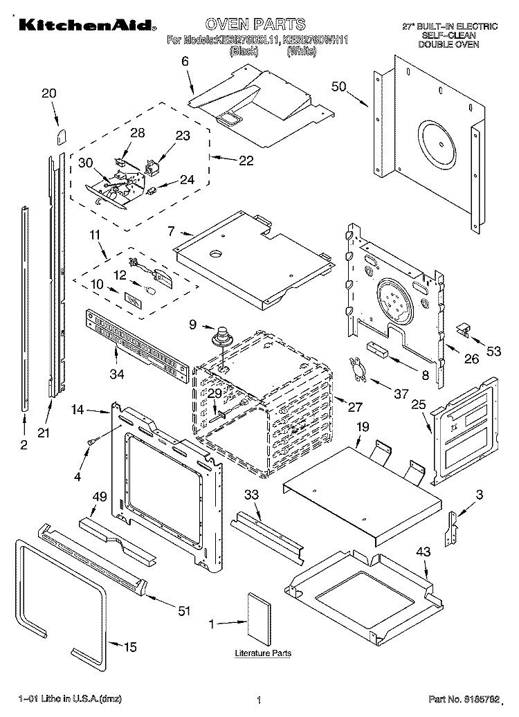 OVEN, LITERATURE Diagram and Parts List for KEBI276DBL11  KitchenAid Wall Oven