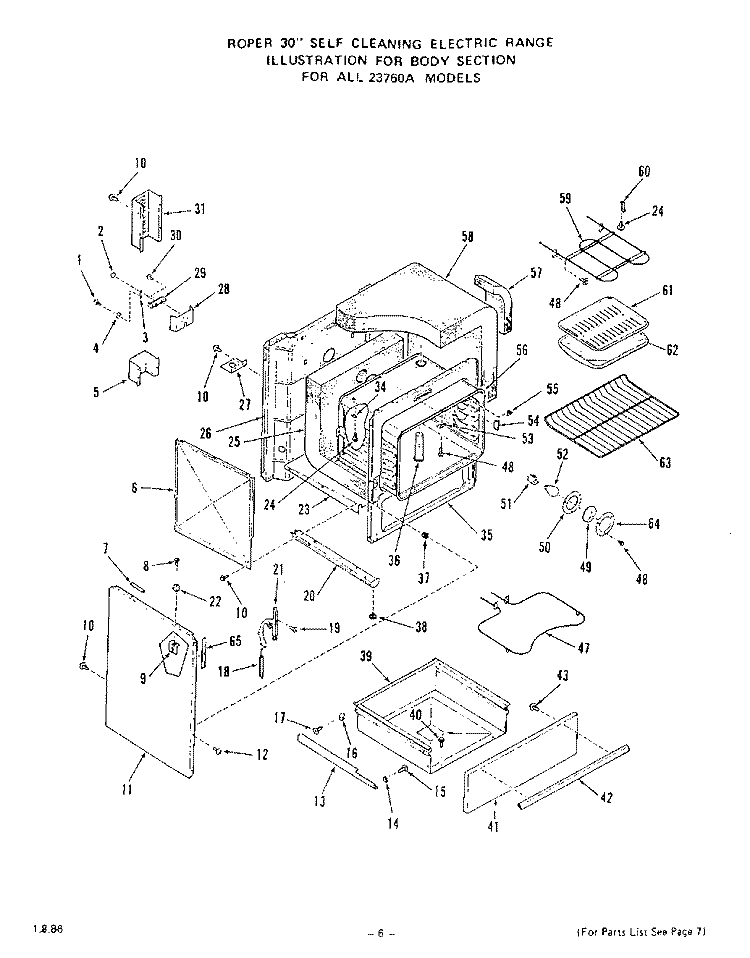 OVEN DOOR Diagram and Parts List for 2376W0A  Roper Range