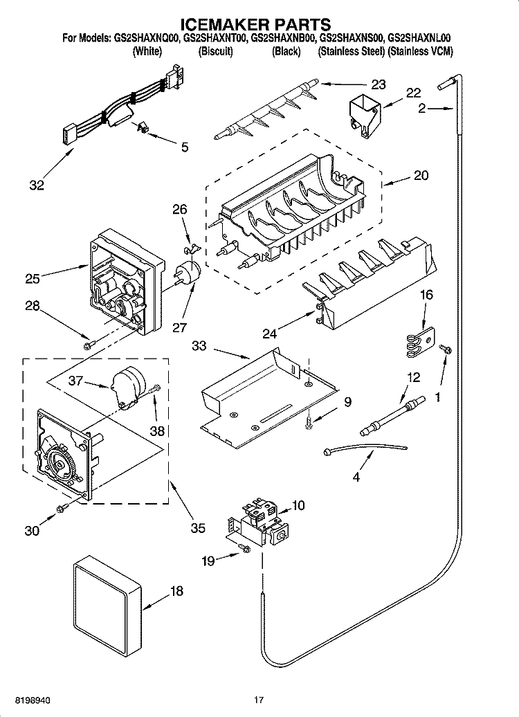 ICEMAKER PARTS Diagram and Parts List for GS2SHAXNQ00  Whirlpool Refrigerator