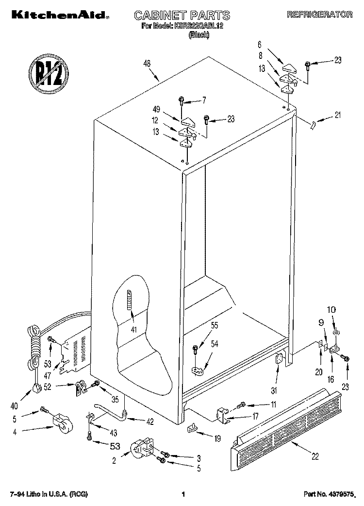 CABINET Diagram and Parts List for KSRB22QABL12  KitchenAid Refrigerator