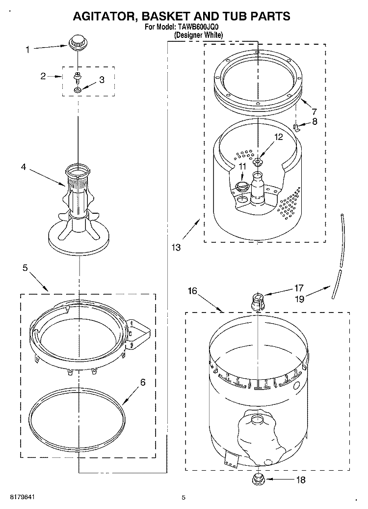 AGITATOR, BASKET AND TUB Diagram and Parts List for TAWB600JQ0  Estate Washer