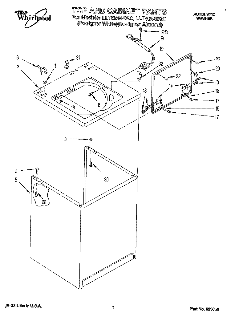 TOP AND CABINET, LIT/OPTIONAL Diagram and Parts List for LLT8244BZ0  Whirlpool Washer