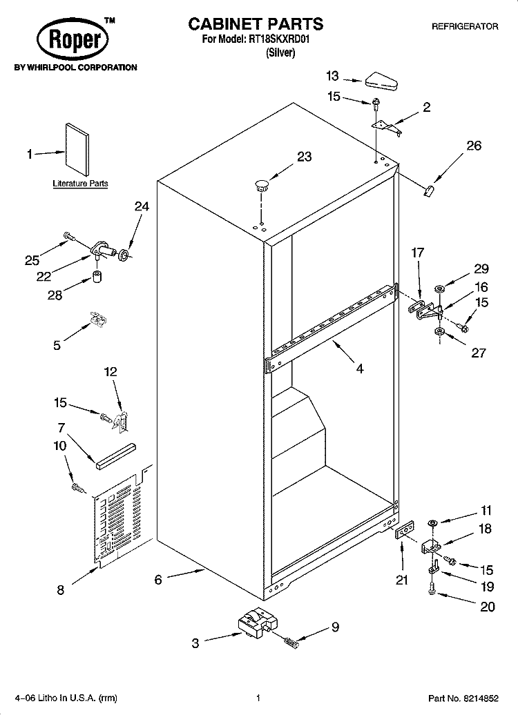 CABINET PARTS Diagram and Parts List for RT18SKXRD01  Roper Refrigerator