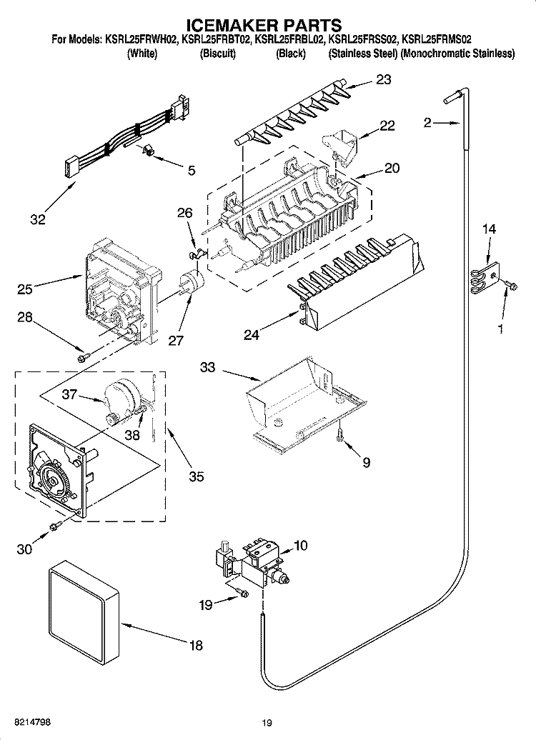 ICEMAKER PARTS, OPTIONAL PARTS (NOT INCLUDED) Diagram and Parts List for KSRL25FRBL02  KitchenAid Refrigerator