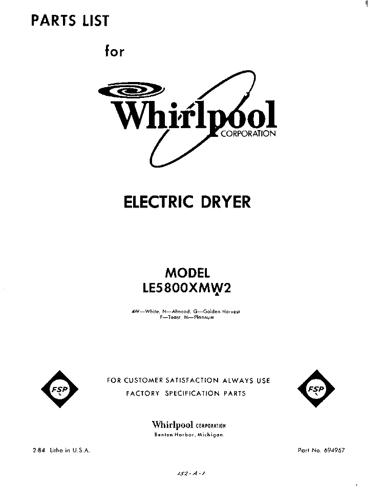 SECTION Diagram and Parts List for LE5800XMW2  Whirlpool Dryer