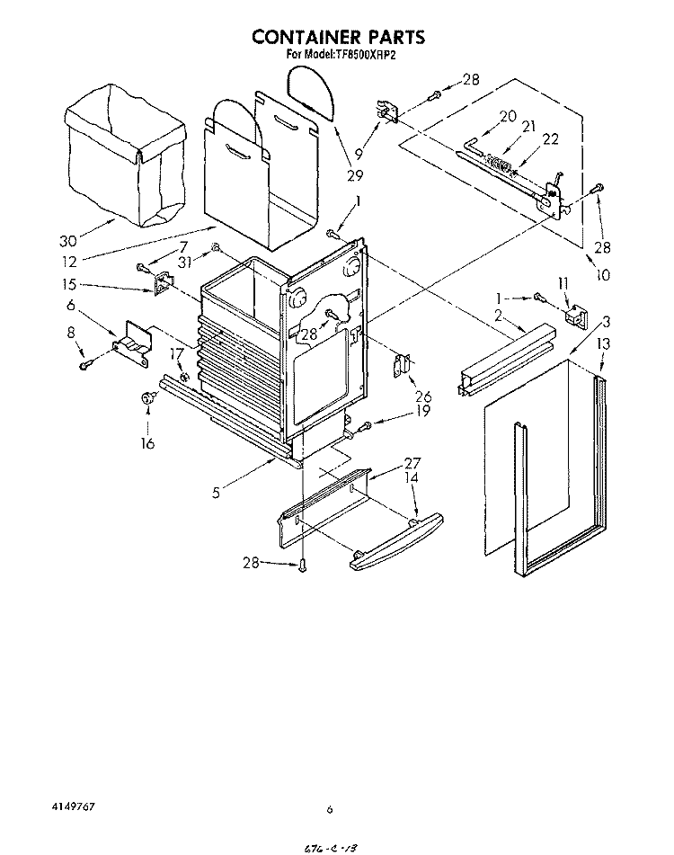 CONTAINER Diagram and Parts List for TF8500XRP2  Whirlpool Trash Compactor