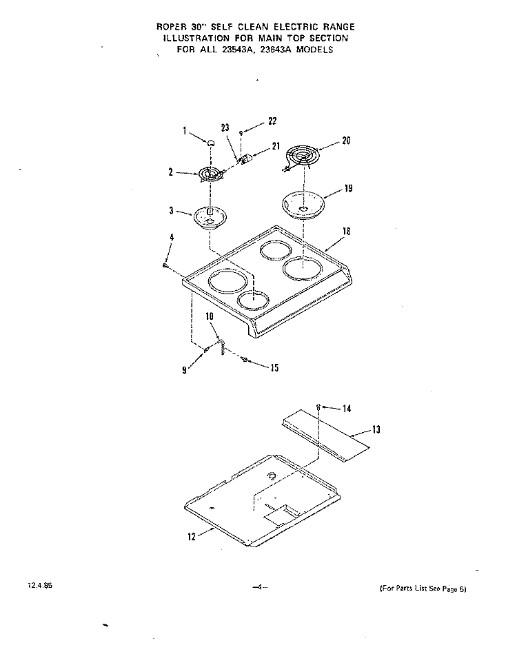 MAIN TOP Diagram and Parts List for 2364W3A  Roper Range