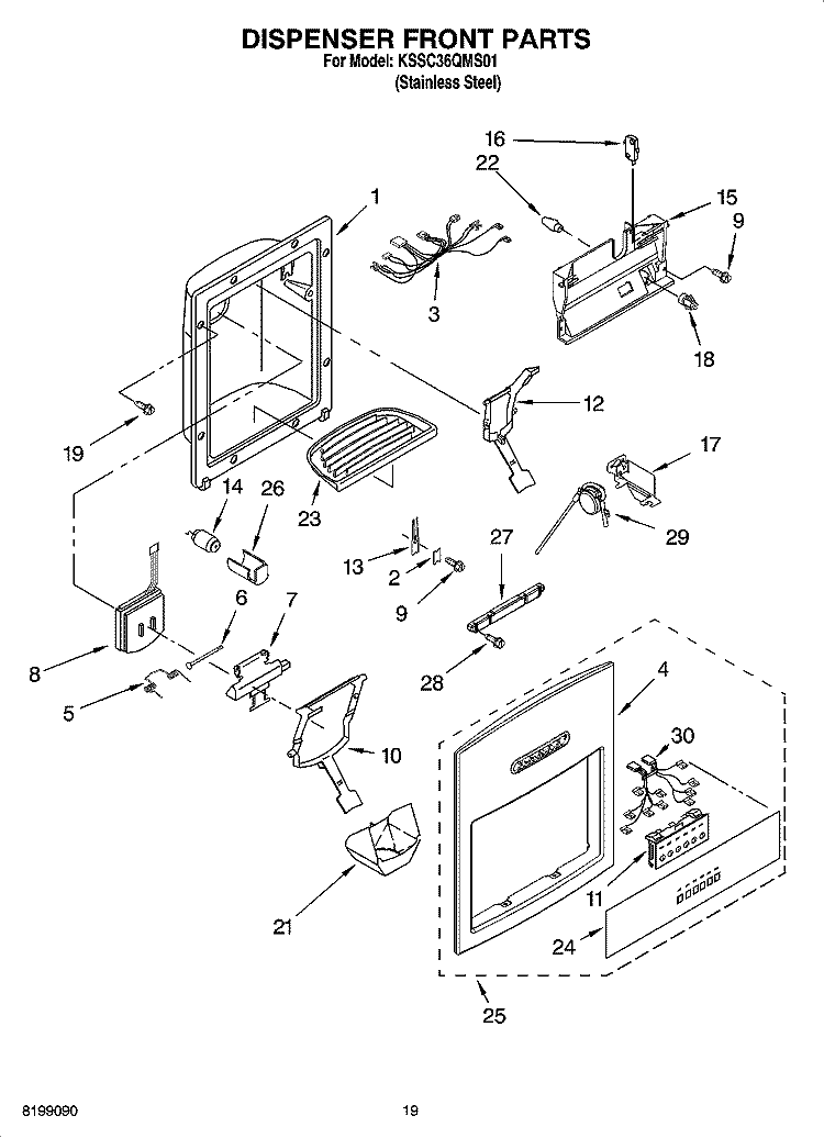 DISPENSER AND FRONT PARTS Diagram and Parts List for KSSC36QMS01  KitchenAid Refrigerator
