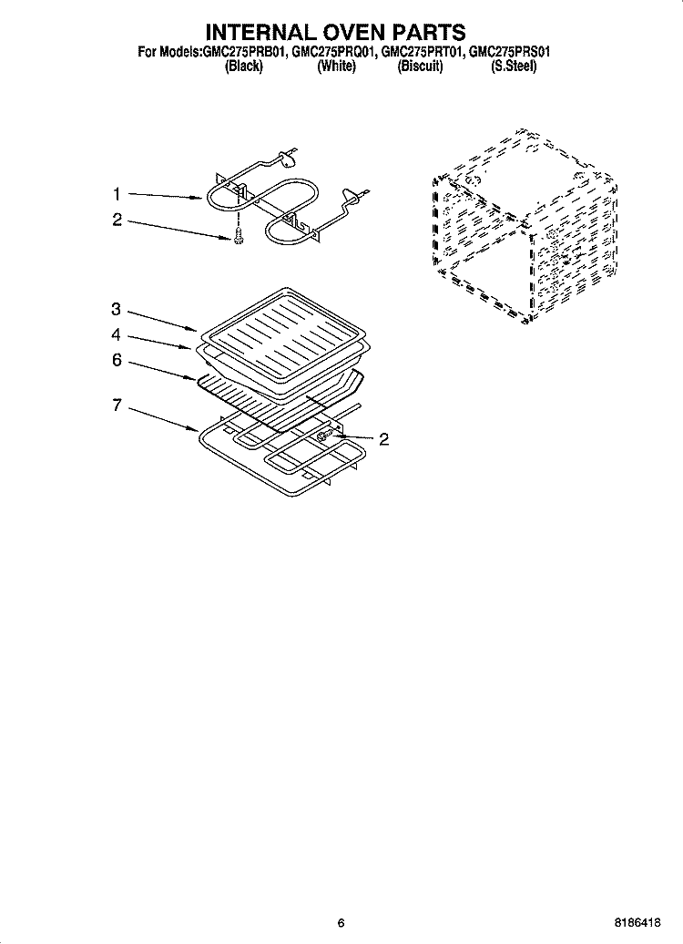 INTERNAL OVEN PARTS Diagram and Parts List for GMC275PRQ01  Whirlpool Microwave Oven Combo
