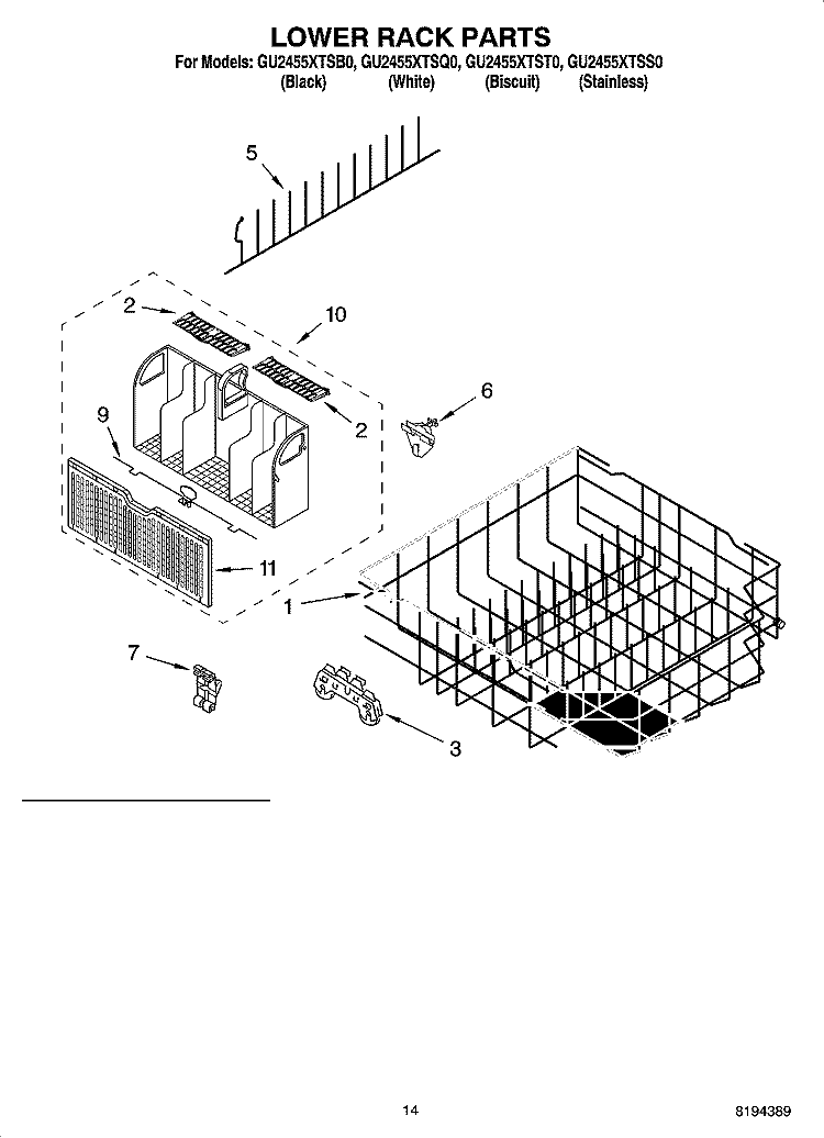 LOWER RACK PARTS, OPTIONAL PARTS (NOT INCLUDED) Diagram and Parts List for GU2455XTSB0  Whirlpool Dishwasher