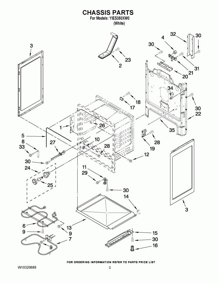 CHASSIS PARTS Diagram and Parts List for YIES350XW0  Whirlpool Range