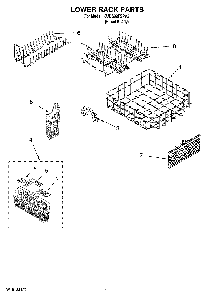LOWER RACK PARTS, OPTIONAL PARTS (NOT INCLUDED) Diagram and Parts List for KUDS02FSPA4  KitchenAid Dishwasher
