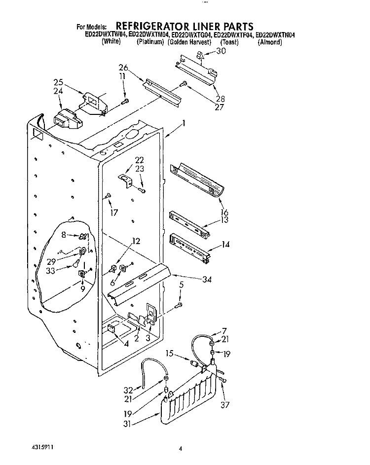 REFRIGERATOR LINER Diagram and Parts List for ED22DWXTG04  Whirlpool Refrigerator