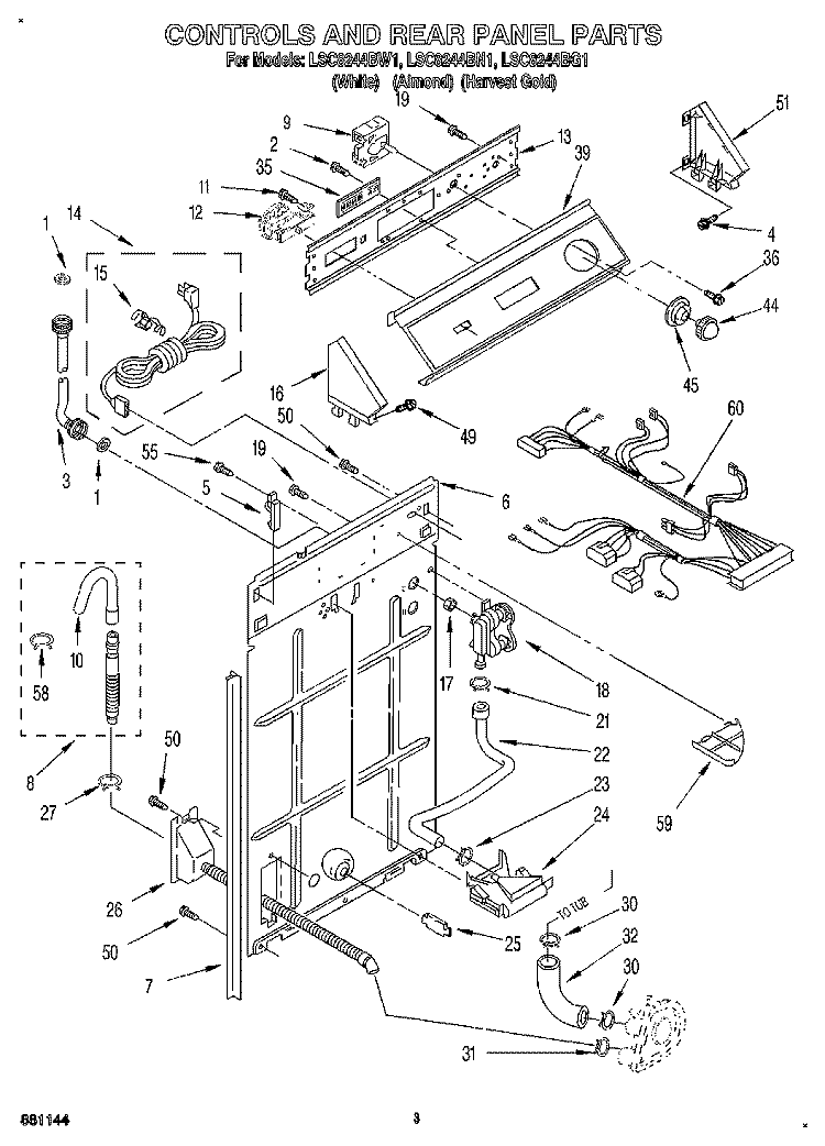 CONTROLS AND REAR PANEL Diagram and Parts List for LSC8244BW1  Whirlpool Washer