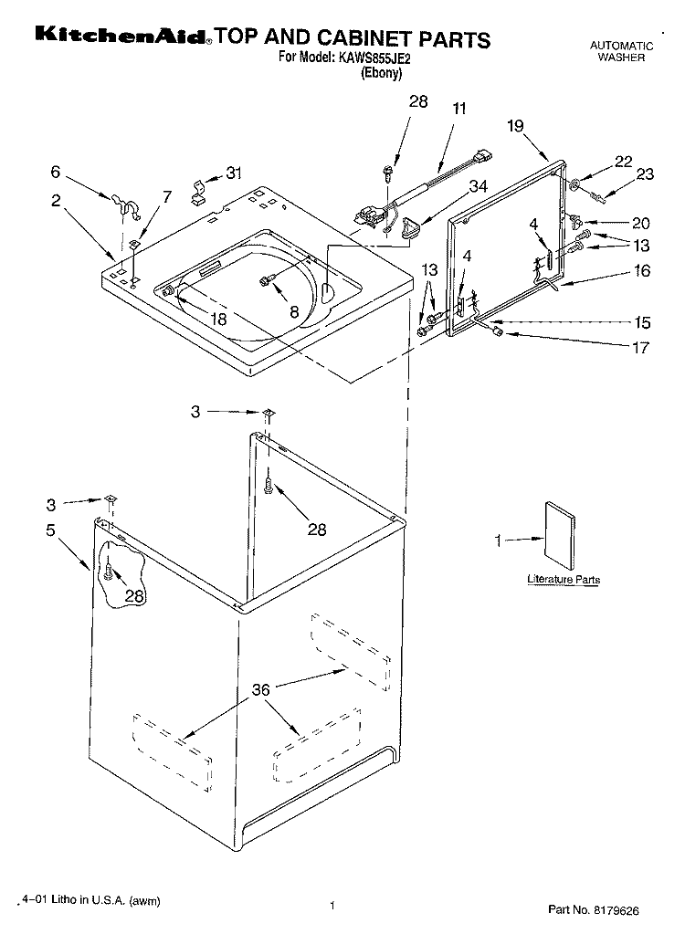 TOP AND CABINET, LITERATURE Diagram and Parts List for KAWS855JE2  KitchenAid Washer