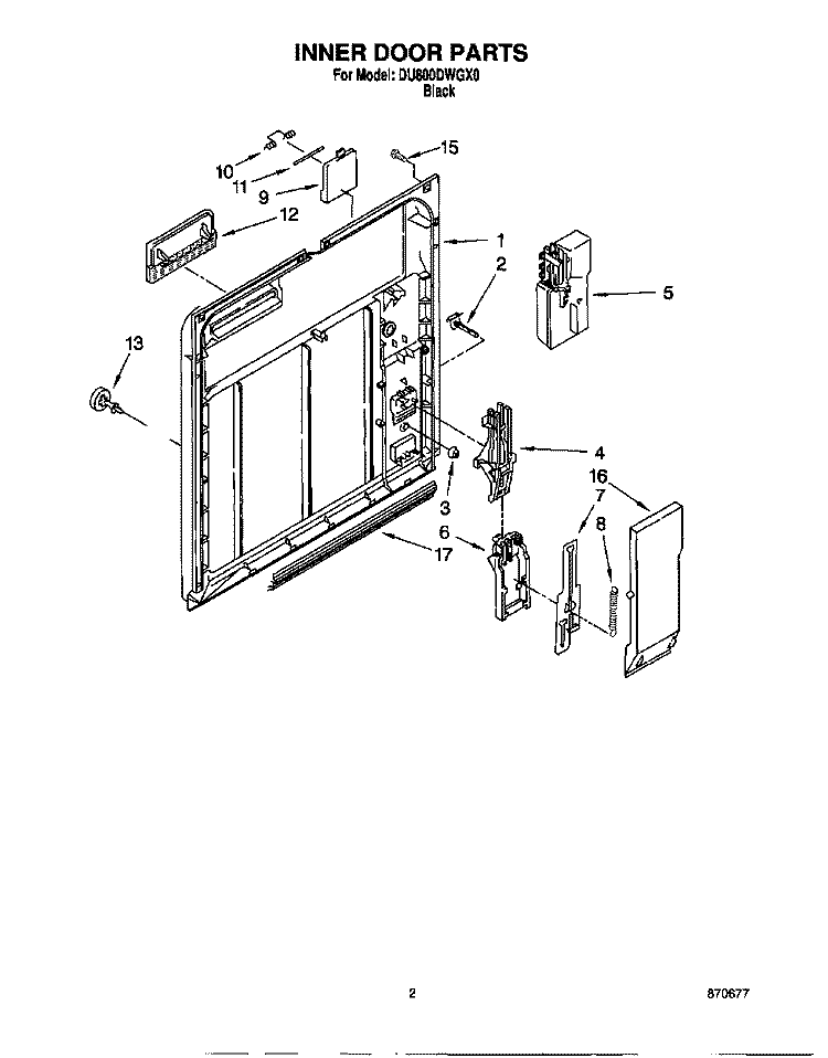 INNER DOOR Diagram and Parts List for DU800DWGX0  Whirlpool Dishwasher