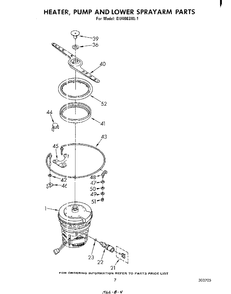 HEATER, PUMP AND LOWER SPRAY ARM Diagram and Parts List for DU4003XL1  Whirlpool Dishwasher