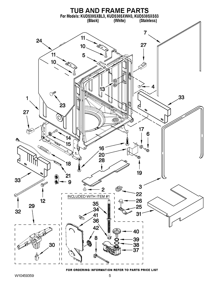TUB AND FRAME PARTS Diagram and Parts List for KUDS30SXBL3  KitchenAid Dishwasher
