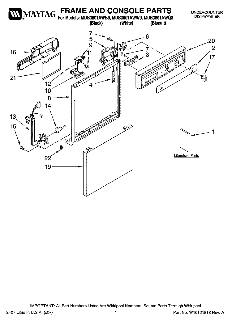 FRAME AND CONSOLE PARTS Diagram and Parts List for MDB3601AWW0  Whirlpool Dishwasher
