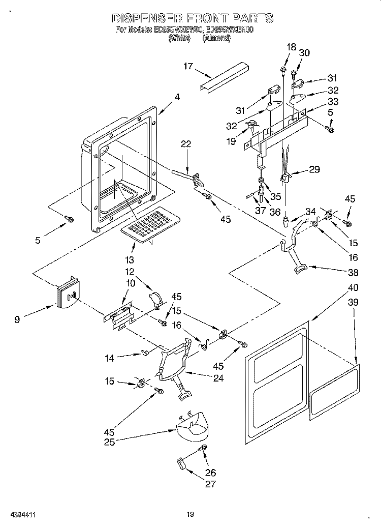 DISPENSER FRONT Diagram and Parts List for ED25GWXEW00  Whirlpool Refrigerator