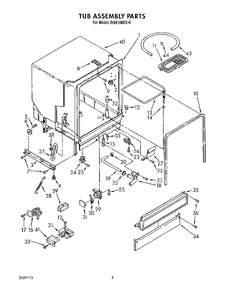 TUB ASSEMBLY Diagram and Parts List for DU8100XX0  Whirlpool Dishwasher
