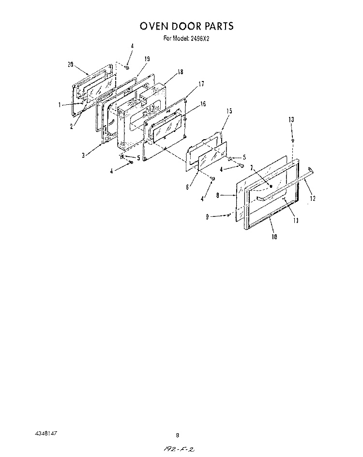 OVEN DOOR Diagram and Parts List for 2496^2  Whirlpool Range
