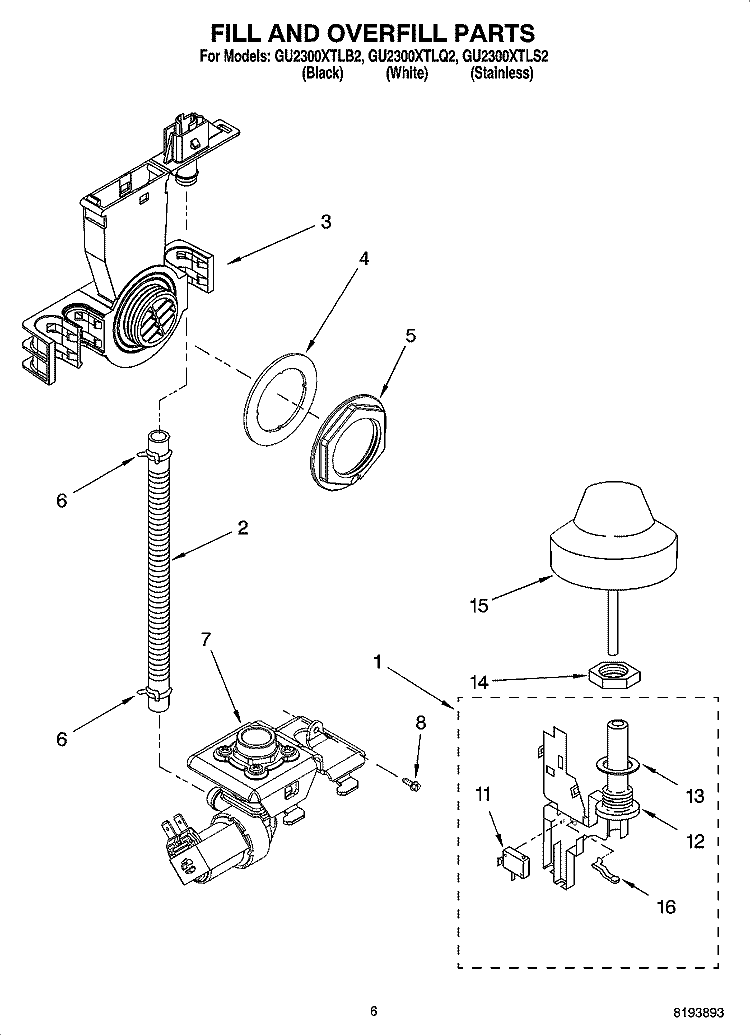FILL AND OVERFILL PARTS Diagram and Parts List for GU2300XTLS2  Whirlpool Dishwasher