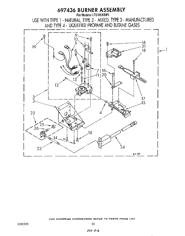 697436 BURNER Diagram and Parts List for LT5100XSW1  Whirlpool Washer Dryer Combo
