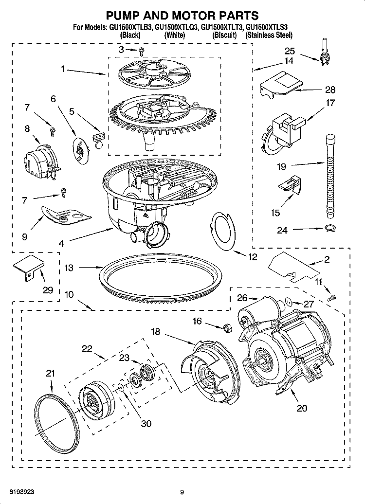 PUMP AND MOTOR PARTS Diagram and Parts List for GU1500XTLQ3  Whirlpool Dishwasher
