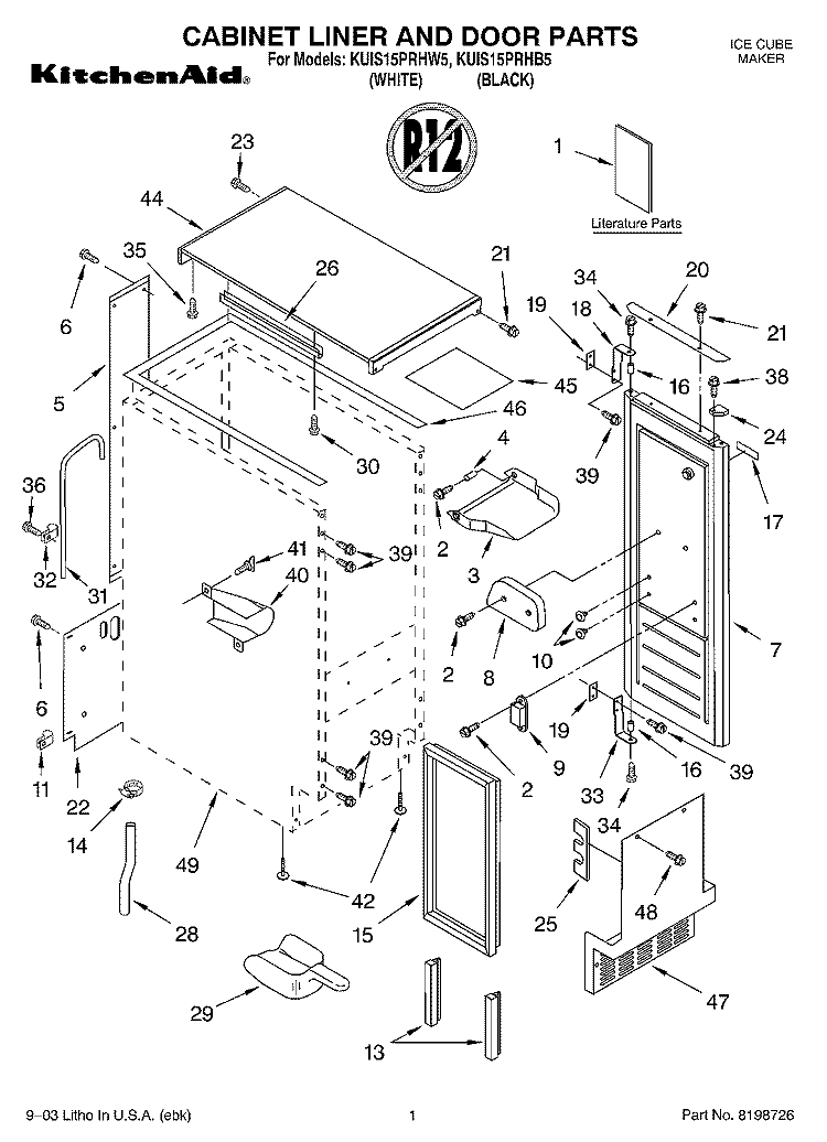 CABINET LINER AND DOOR PARTS Diagram and Parts List for KUIS15PRHB5  KitchenAid Ice Maker