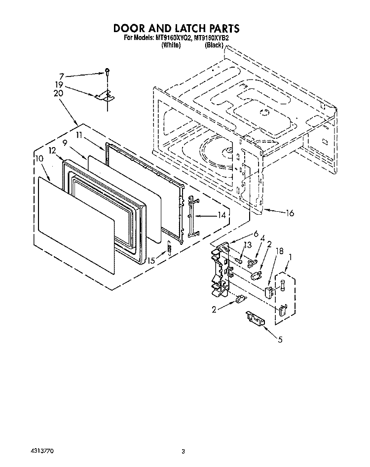 DOOR AND LATCH Diagram and Parts List for MT9160XYB2  Whirlpool Microwave