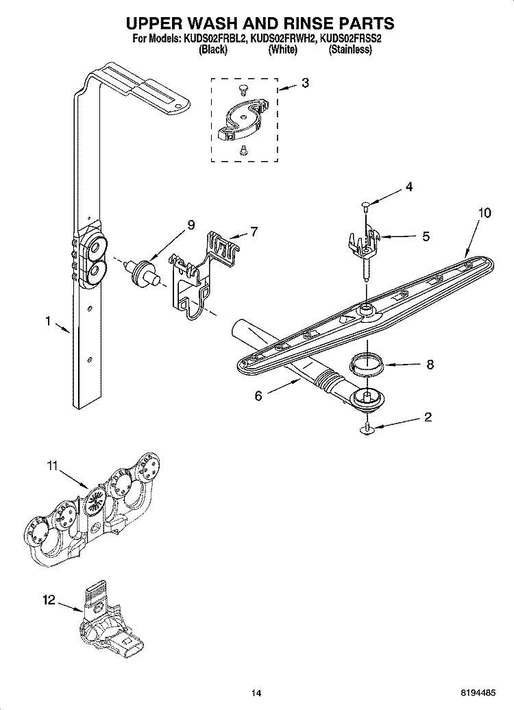 UPPER WASH AND RINSE PARTS Diagram and Parts List for KUDS02FRWH2  KitchenAid Dishwasher