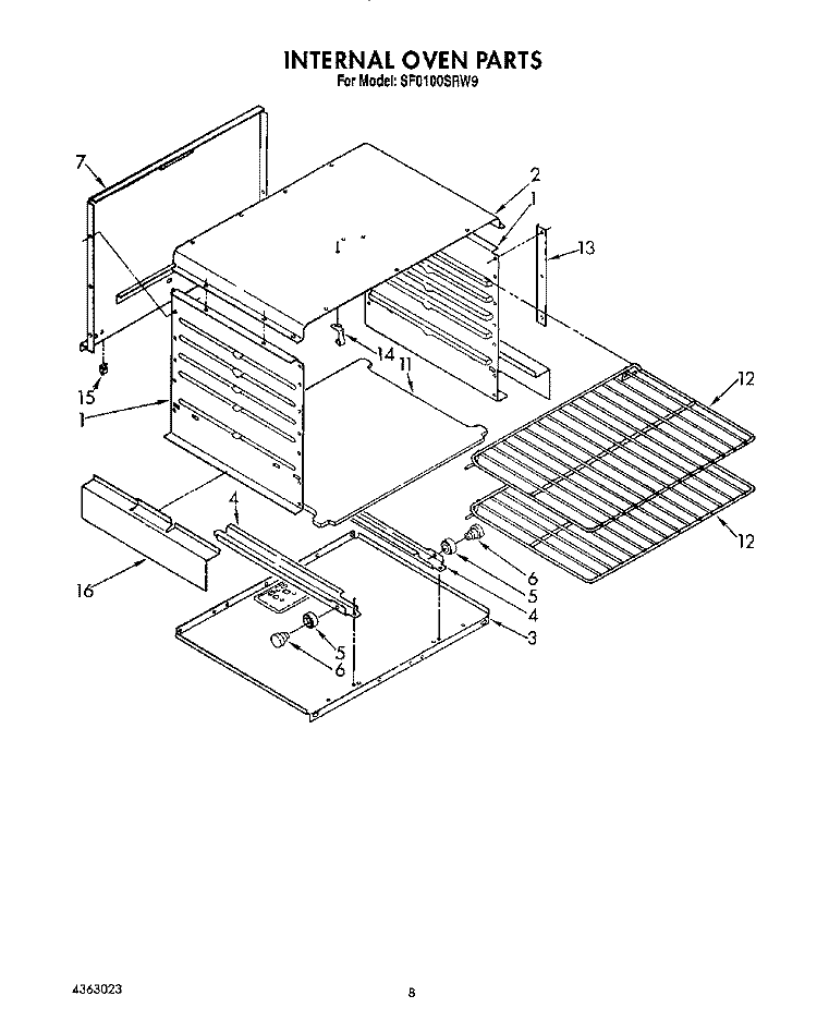 INTERNAL OVEN Diagram and Parts List for SF0100SRW9  Whirlpool Range