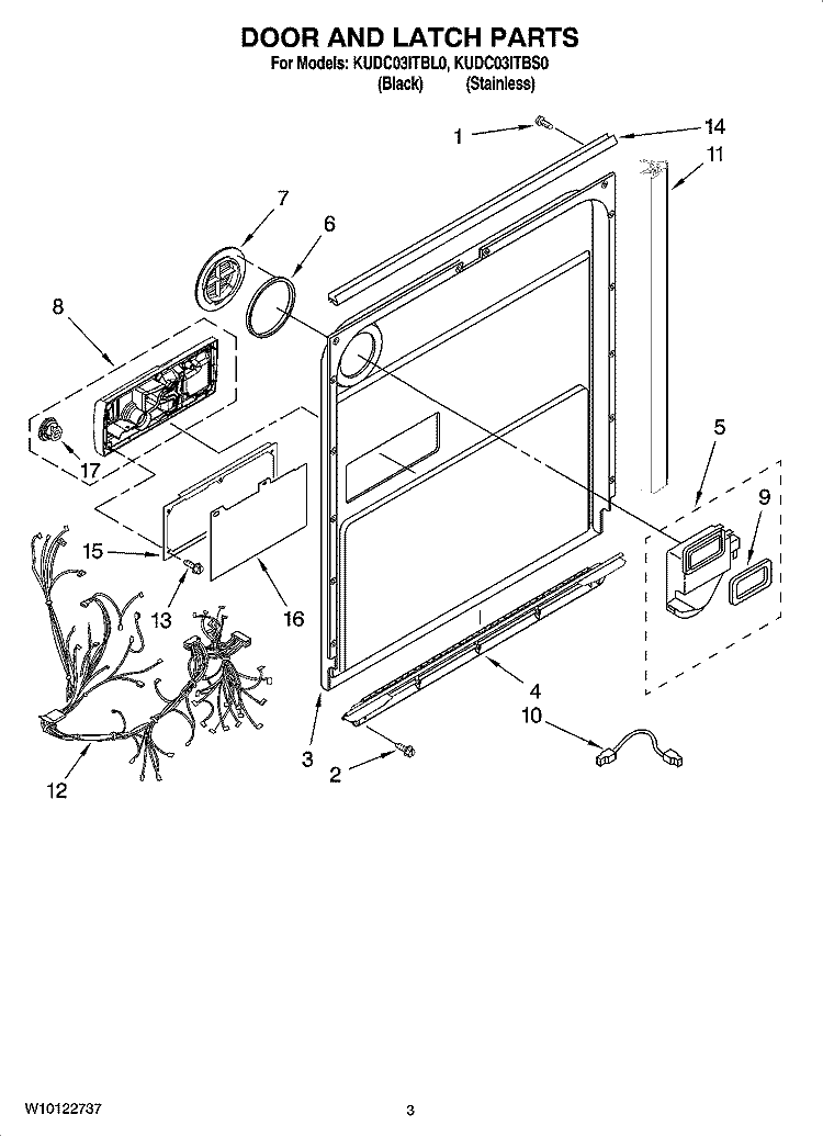 DOOR AND LATCH PARTS Diagram and Parts List for KUDC03ITBS0  KitchenAid Dishwasher