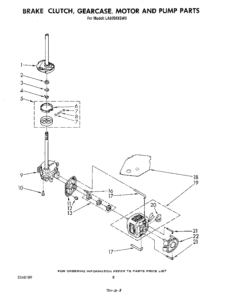 BRAKE, CLUTCH, GEARCASE, MOTOR AND PUMP Diagram and Parts List for LA6058XSW0  Whirlpool Washer