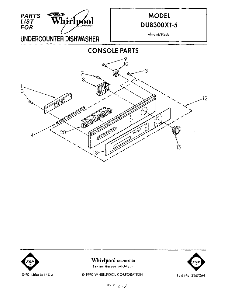 CONSOLE Diagram and Parts List for DU8300XT5  Whirlpool Dishwasher