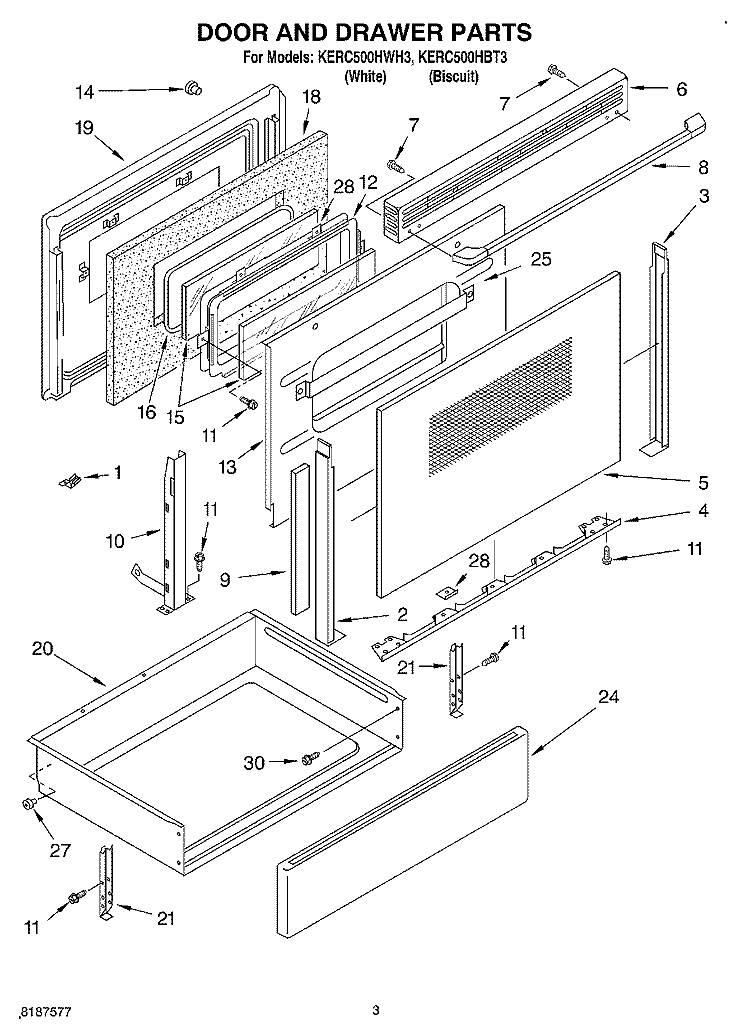 DOOR AND DRAWER Diagram and Parts List for KERC500HBT3  KitchenAid Range