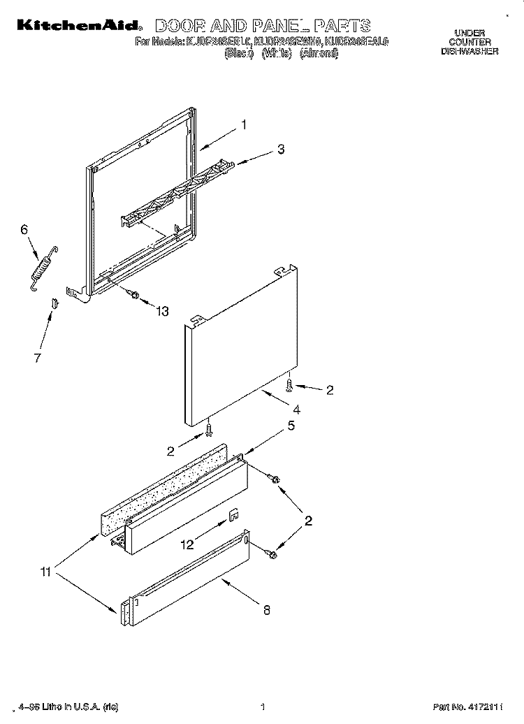 DOOR AND PANEL Diagram and Parts List for KUDR24SEBL0  KitchenAid Dishwasher