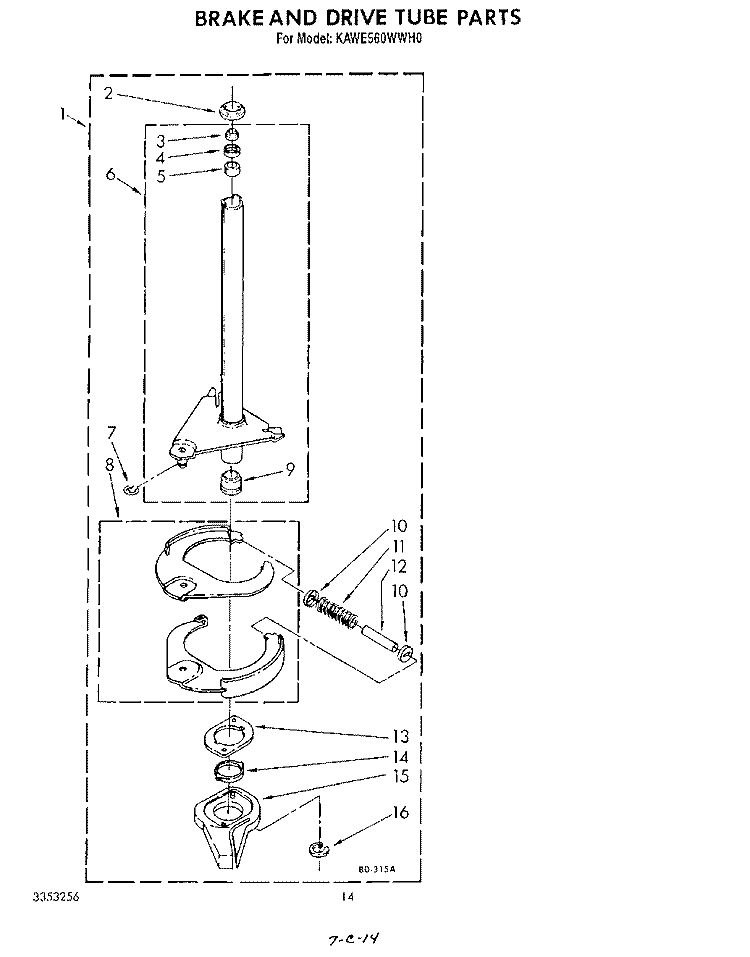BRAKE AND DRIVE TUBE Diagram and Parts List for KAWE560WAL0  Whirlpool Washer