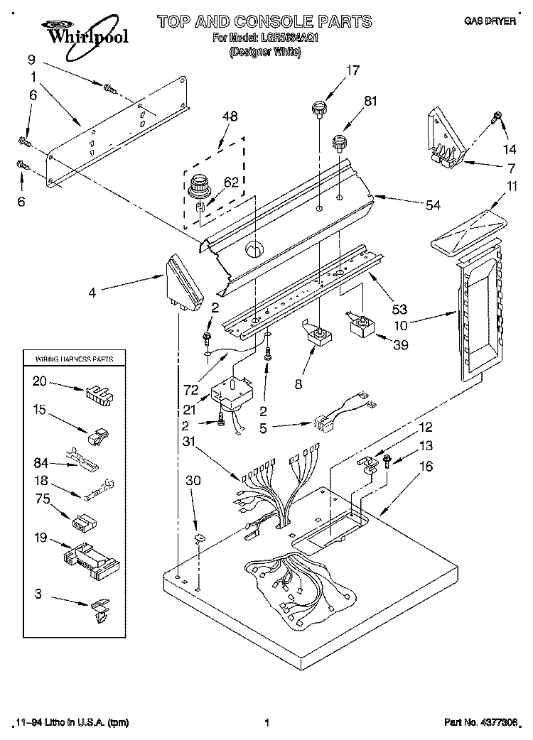 TOP AND CONSOLE, LIT/OPTIONAL Diagram and Parts List for LGR5634AQ1  Whirlpool Dryer