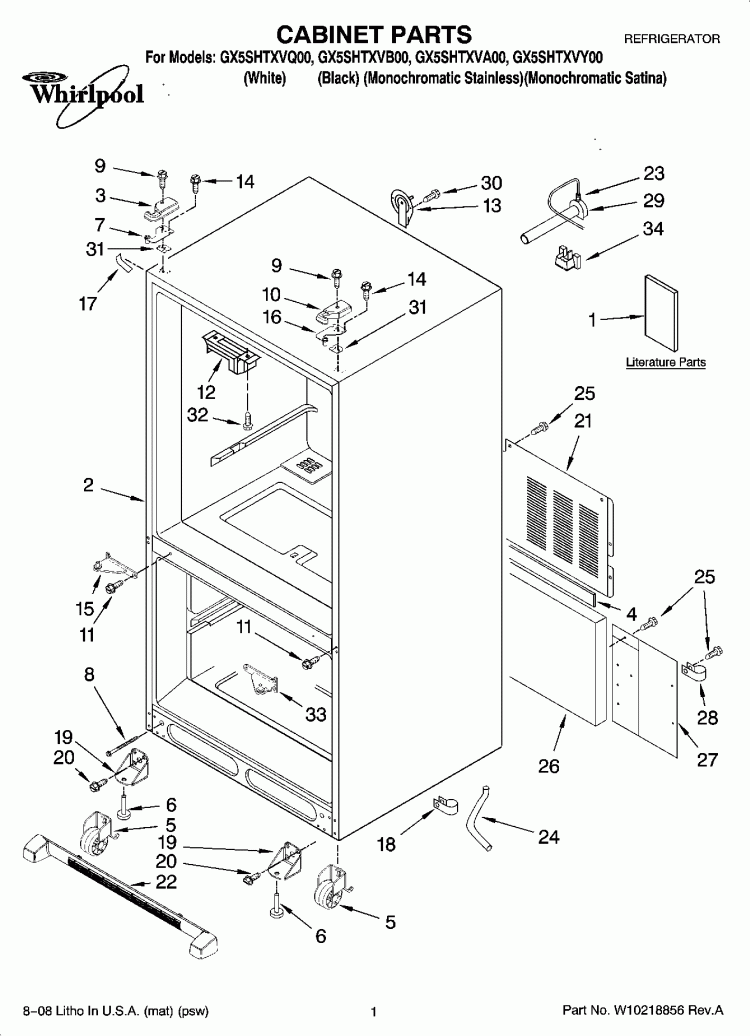 CABINET PARTS Diagram and Parts List for GX5SHTXVA00  Whirlpool Refrigerator