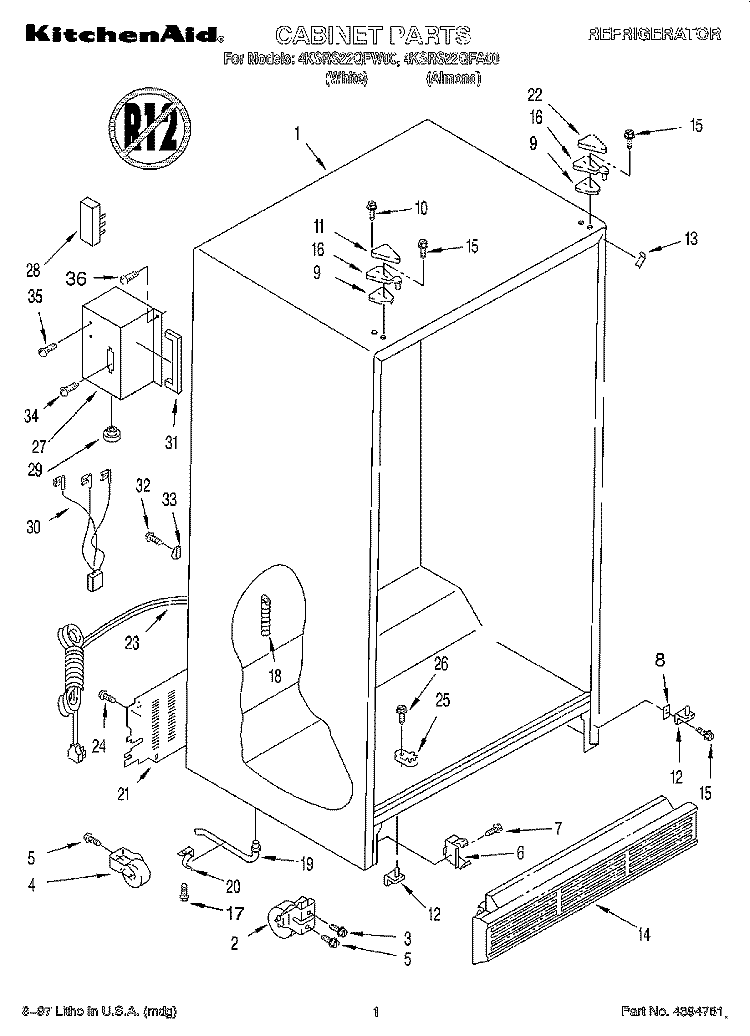 CABINET Diagram and Parts List for 4KSRS22QFW00  KitchenAid Refrigerator