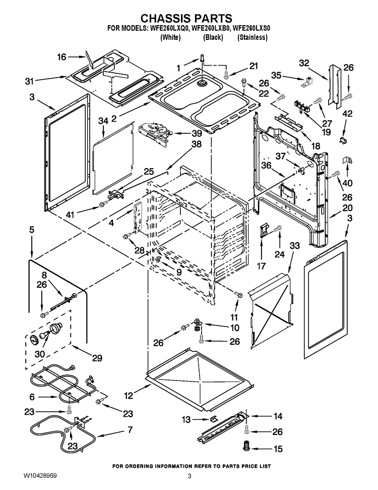 CHASSIS PARTS Diagram and Parts List for WFE260LXS0  Whirlpool Range